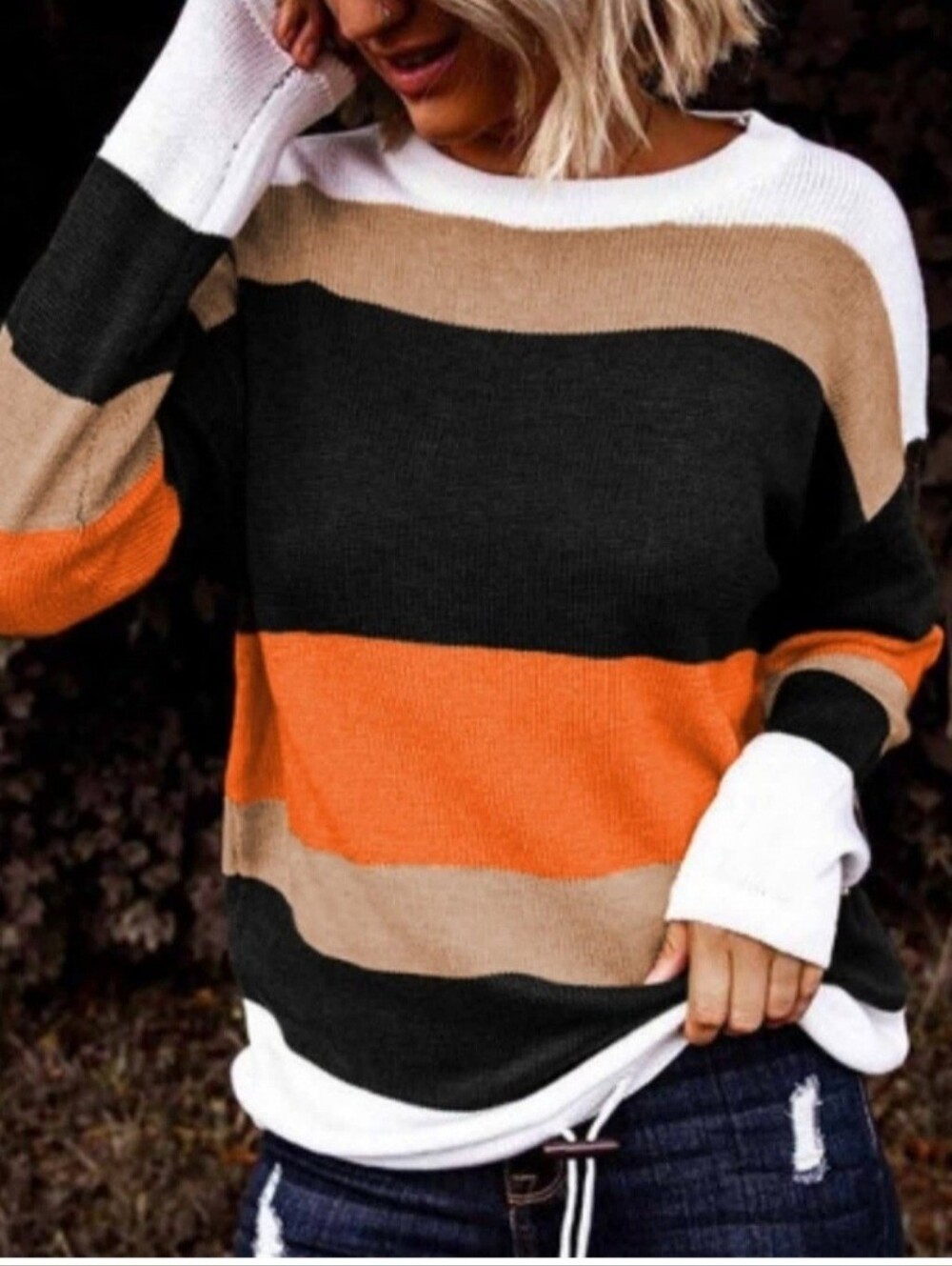 New Striped Colorblock Knit Pullover Sweater Orange Black Tan White Cinched Hem